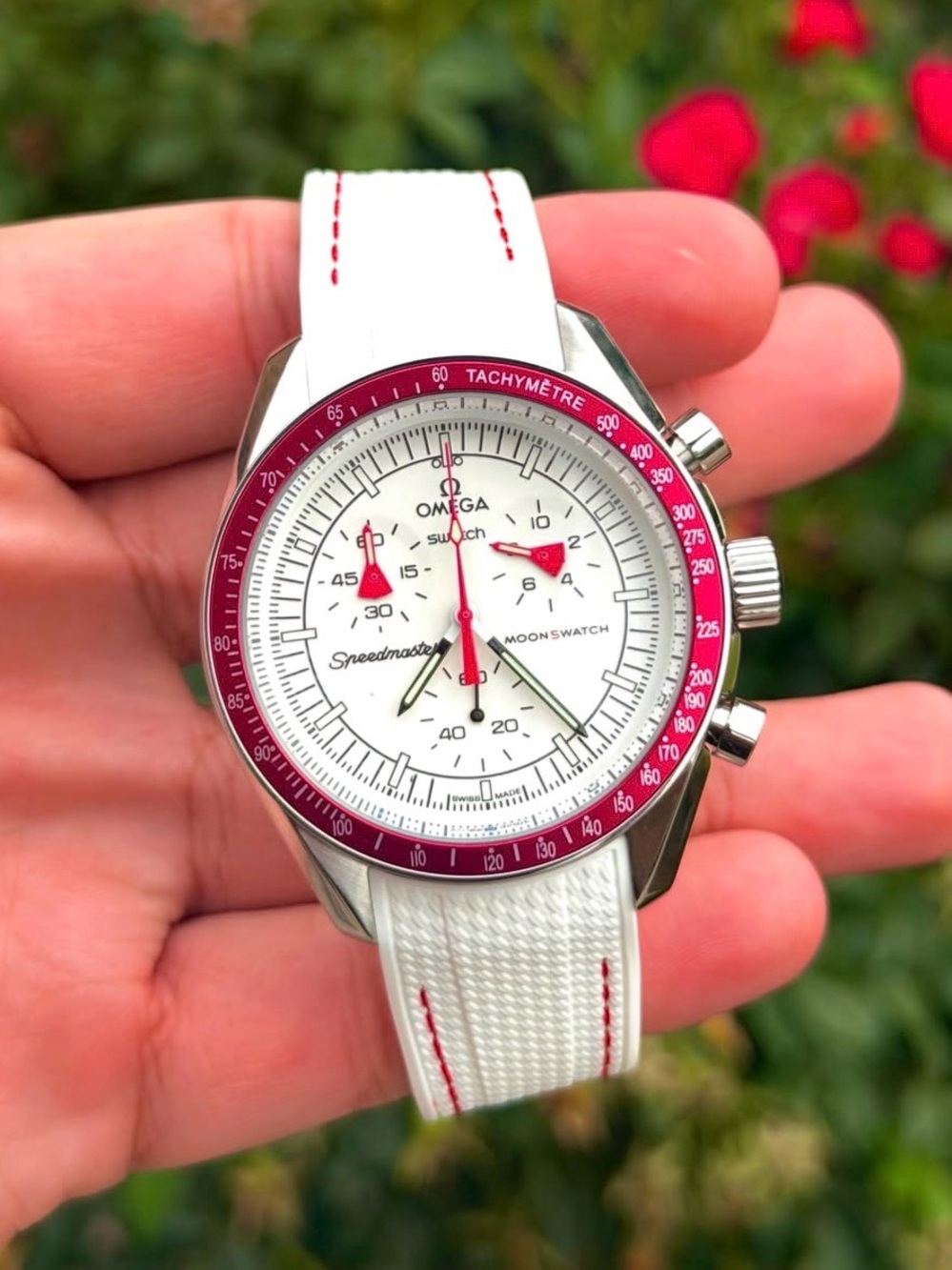 Omega Mission to Mars Metal Case Swap on red/white rubber strap